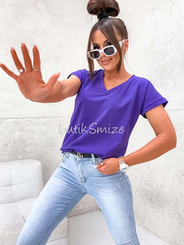 Gładki T-shirt bawełniany V neck classic Smize